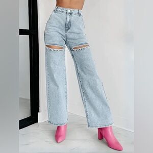 Micas M Blue Wide-Leg Jeans with Chain Detail L CC12-6